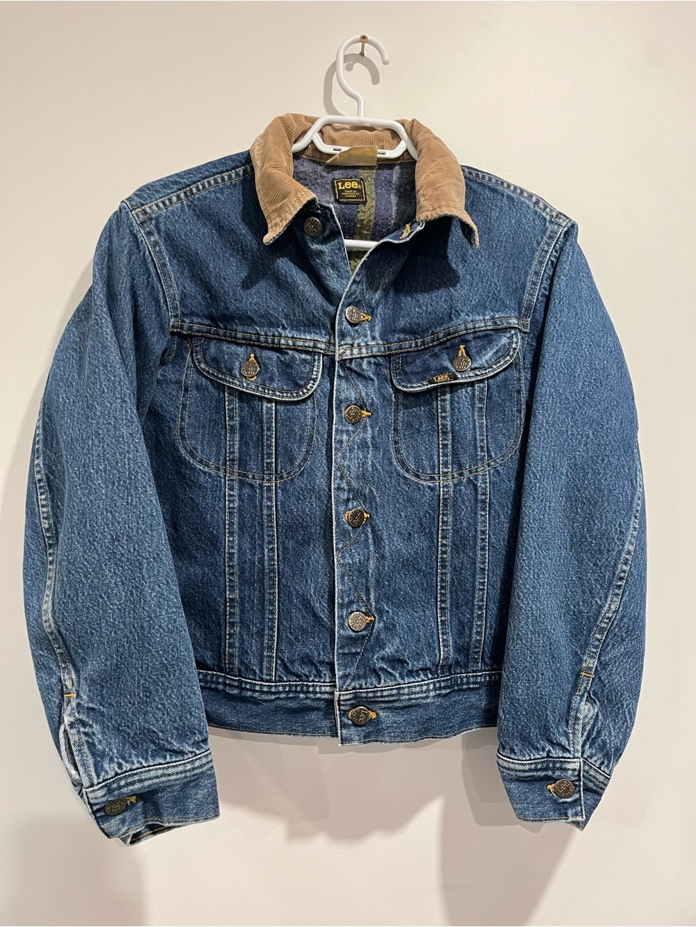Vintage 80s Lee Blanket Lined Denim Jacket Storm Rider Corduroy Collar Canadian